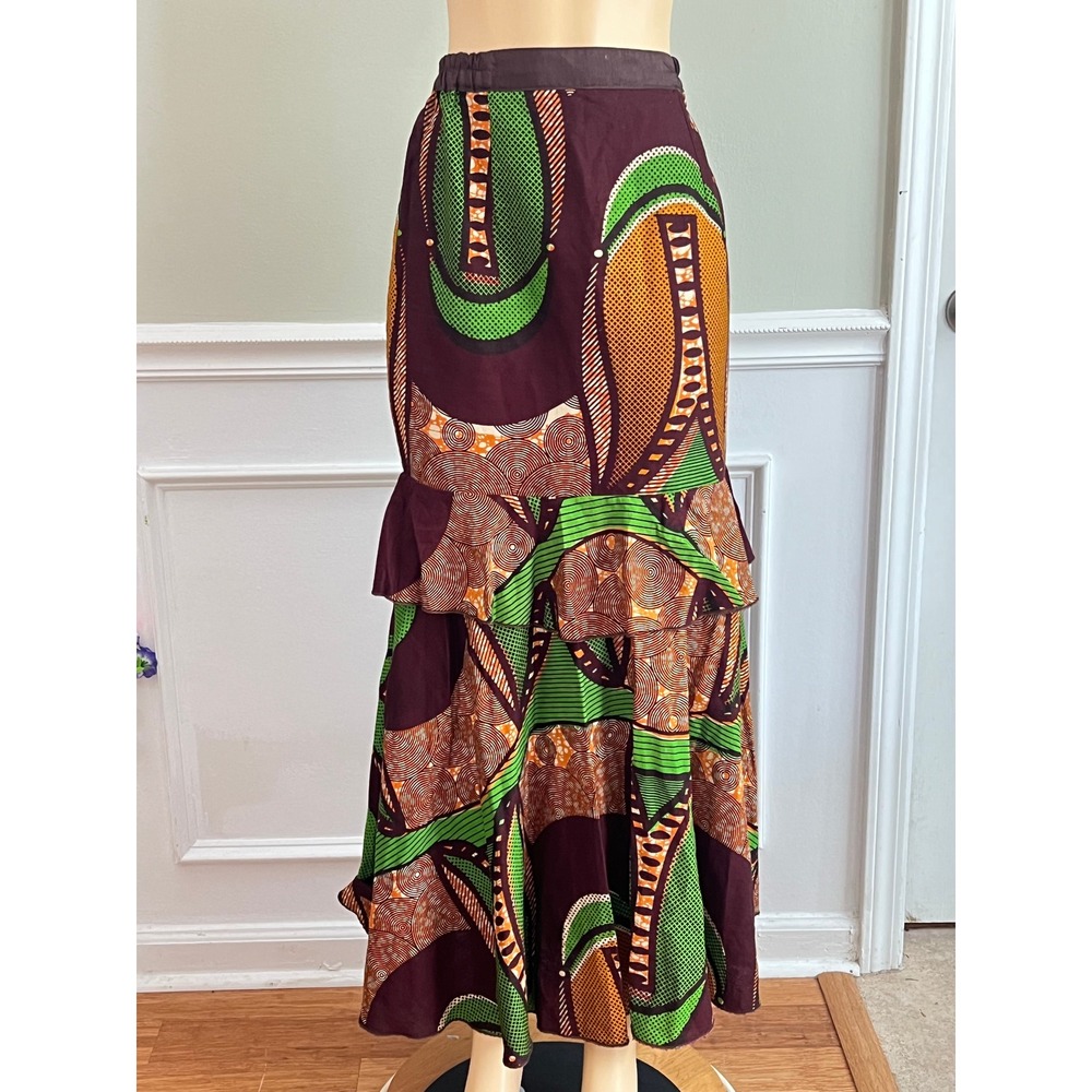 Ankara Maxi Skirt M Tall Lined Brown Tiered Ruffle African Tribal Vibrant Maxi
